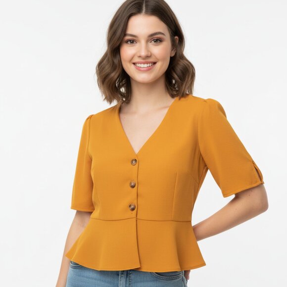 Zaful Mustard Peplum Blouse – Size L (US 6/UK 10/EU 38) - Picture 1 of 9